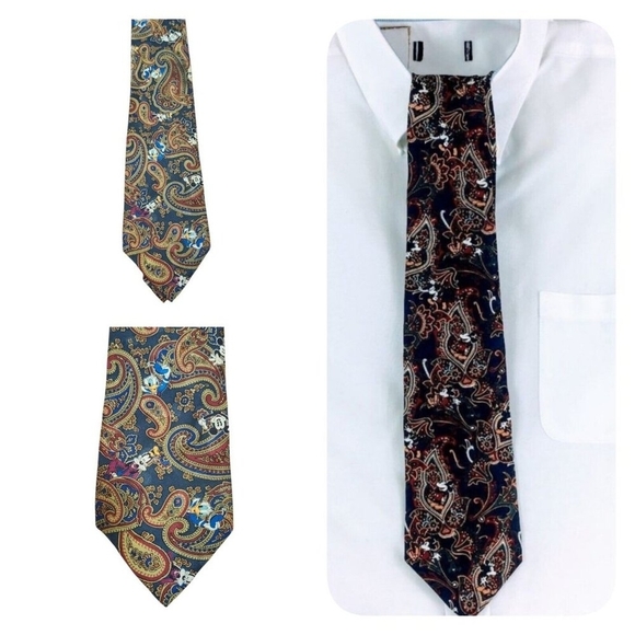 Vintage The Disney Store Mickey Donald Goofy Pluto Paisley Novelty Silk Necktie - Picture 1 of 8